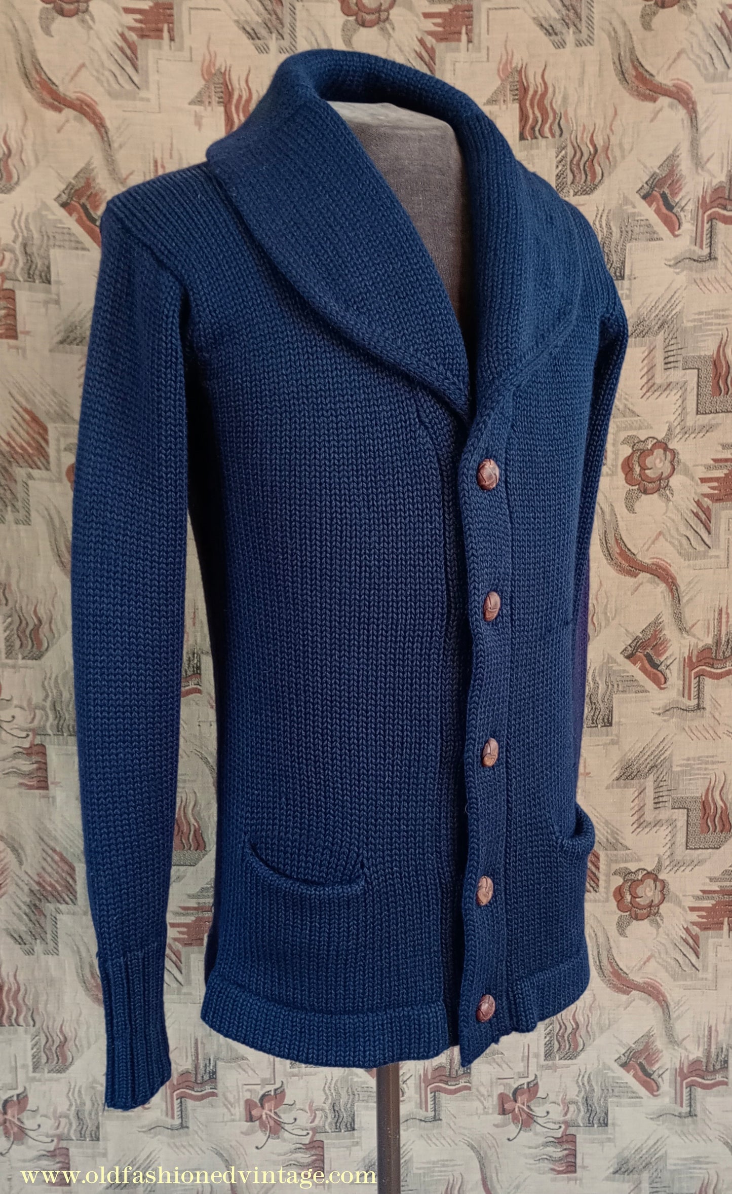 Vintage Mens 1930s 1940s Shawl Collar Cardigan Sweater Navy Blue Knit Knitted Wool Jacket S