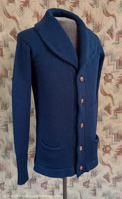 Vintage Mens 1930s 1940s Shawl Collar Cardigan Sweater Navy Blue Knit Knitted Wool Jacket S