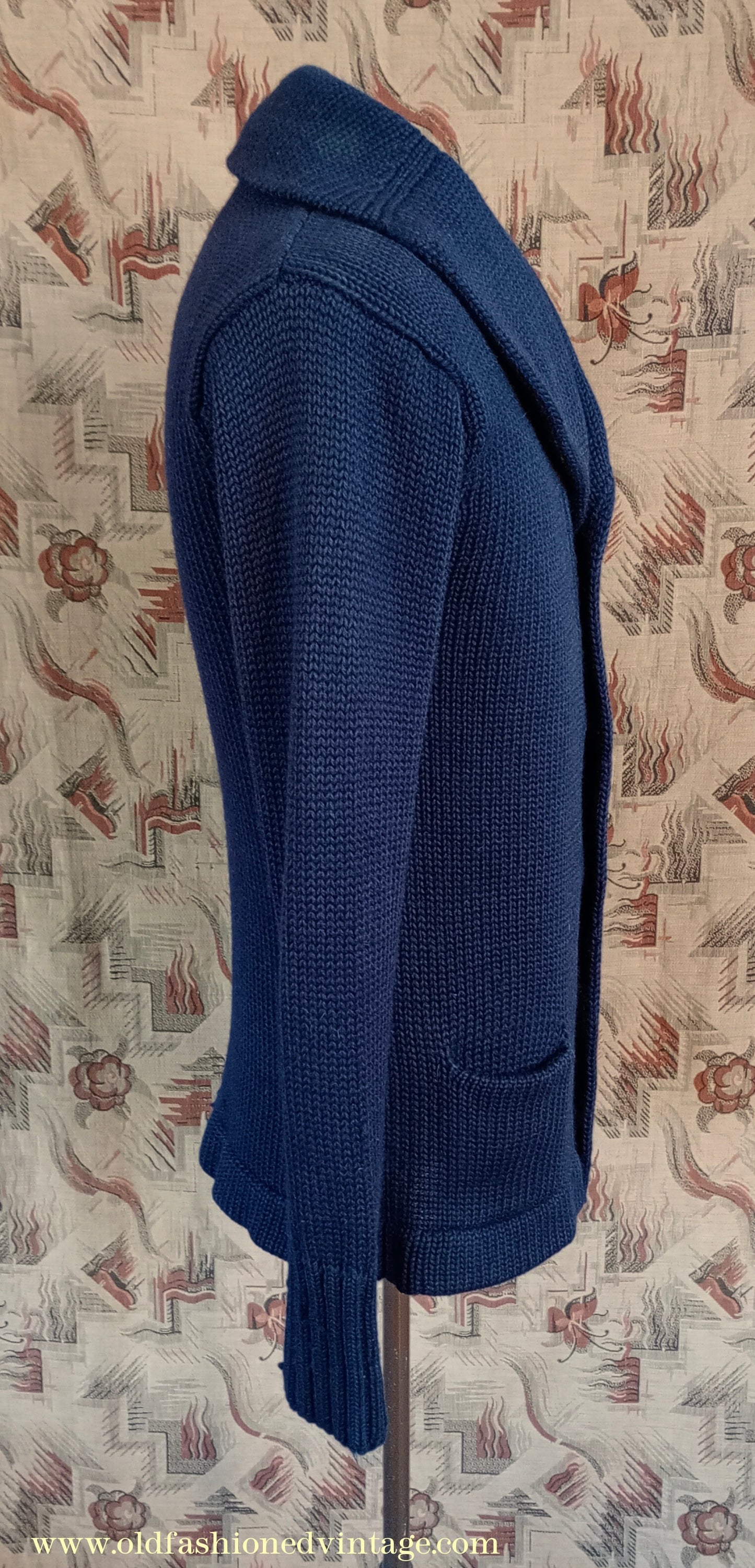 Vintage Mens 1930s 1940s Shawl Collar Cardigan Sweater Navy Blue Knit Knitted Wool Jacket S