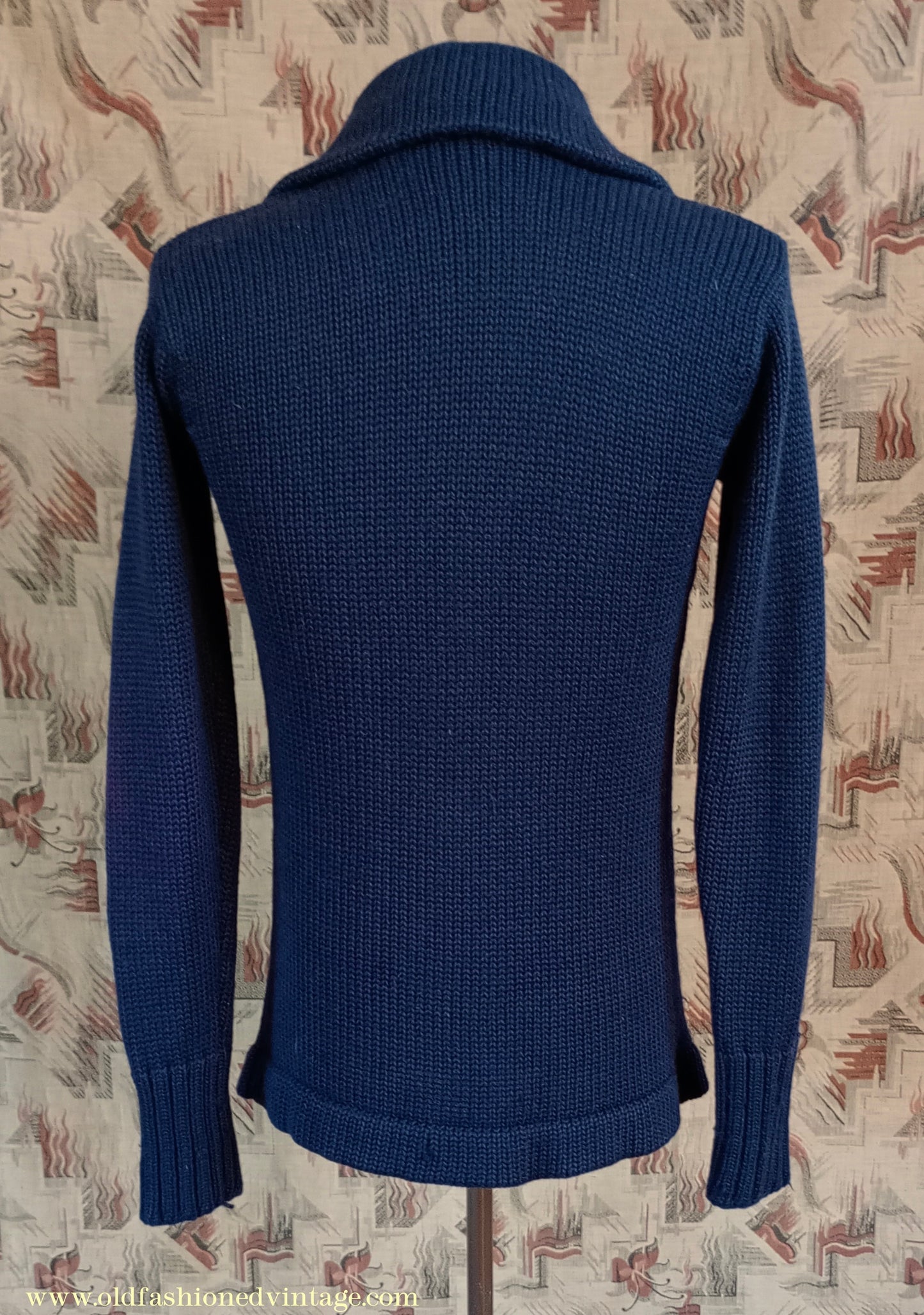 Vintage Mens 1930s 1940s Shawl Collar Cardigan Sweater Navy Blue Knit Knitted Wool Jacket S