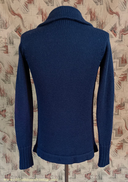Vintage Mens 1930s 1940s Shawl Collar Cardigan Sweater Navy Blue Knit Knitted Wool Jacket S