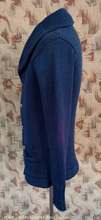 Vintage Mens 1930s 1940s Shawl Collar Cardigan Sweater Navy Blue Knit Knitted Wool Jacket S