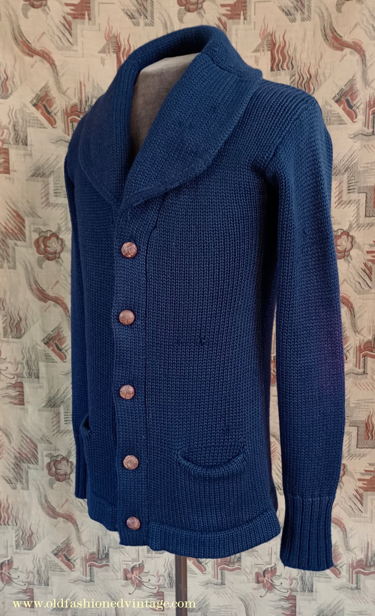 Vintage Mens 1930s 1940s Shawl Collar Cardigan Sweater Navy Blue Knit Knitted Wool Jacket S