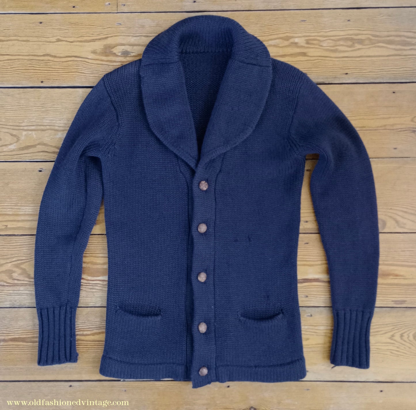 Vintage Mens 1930s 1940s Shawl Collar Cardigan Sweater Navy Blue Knit Knitted Wool Jacket S
