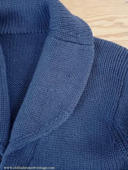Vintage Mens 1930s 1940s Shawl Collar Cardigan Sweater Navy Blue Knit Knitted Wool Jacket S