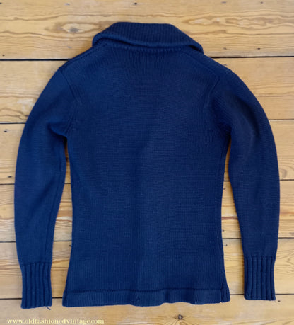 Vintage Mens 1930s 1940s Shawl Collar Cardigan Sweater Navy Blue Knit Knitted Wool Jacket S