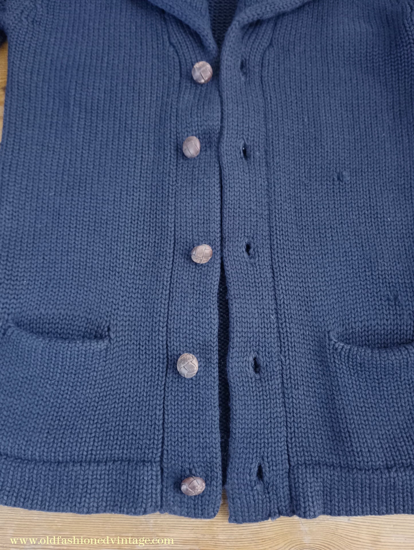 Vintage Mens 1930s 1940s Shawl Collar Cardigan Sweater Navy Blue Knit Knitted Wool Jacket S