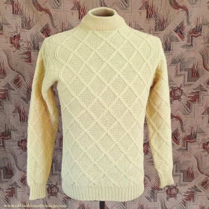 Vintage Mens 1970s 1980s Turtle Neck Jumper Sweater Yellow Wool UK S