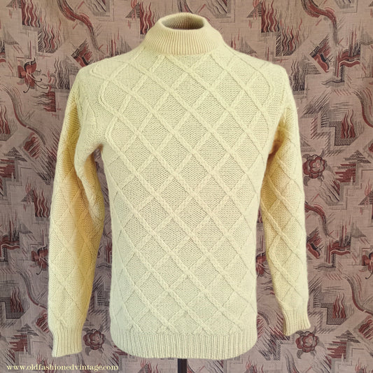 Vintage Mens 1970s 1980s Turtle Neck Jumper Sweater Yellow Wool UK S