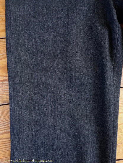 Vintage Mens 1910s 1920s Trousers Charcoal Grey Herringbone Wool Pants Shabby Distressed Workwear Edwardian 38"