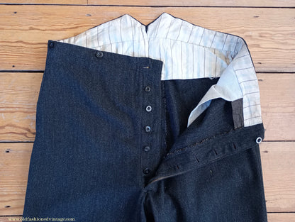 Vintage Mens 1910s 1920s Trousers Charcoal Grey Herringbone Wool Pants Shabby Distressed Workwear Edwardian 38"
