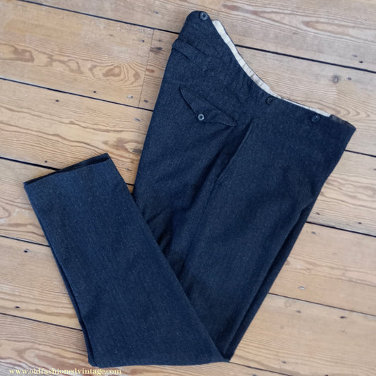 Vintage Mens 1910s 1920s Trousers Charcoal Grey Herringbone Wool Pants Shabby Distressed Workwear Edwardian 38"