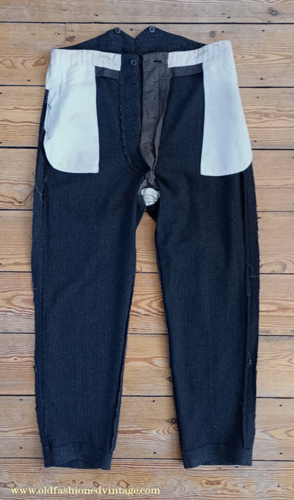 Vintage Mens 1910s 1920s Trousers Charcoal Grey Herringbone Wool Pants Shabby Distressed Workwear Edwardian 38"