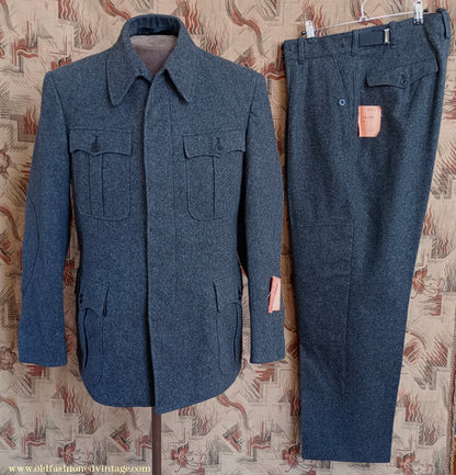 Vintage Mens NOS 1960s West German ZB Civil Defence Uniform Cold War Work Suit Jacket & Trousers Grey Wool 40" 42"