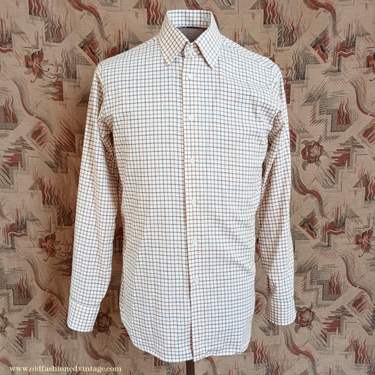Vintage Mens 1980s Clydella Shirt Cream Brown Tattersall Check Country Sports Unworn 15 1/2"