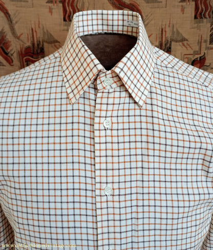 Vintage Mens 1980s Clydella Shirt Cream Brown Tattersall Check Country Sports Unworn 15 1/2"