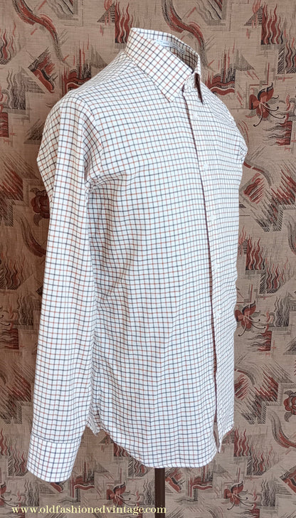 Vintage Mens 1980s Clydella Shirt Cream Brown Tattersall Check Country Sports Unworn 15 1/2"