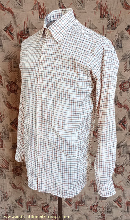 Vintage Mens 1980s Clydella Shirt Cream Brown Tattersall Check Country Sports Unworn 15 1/2"