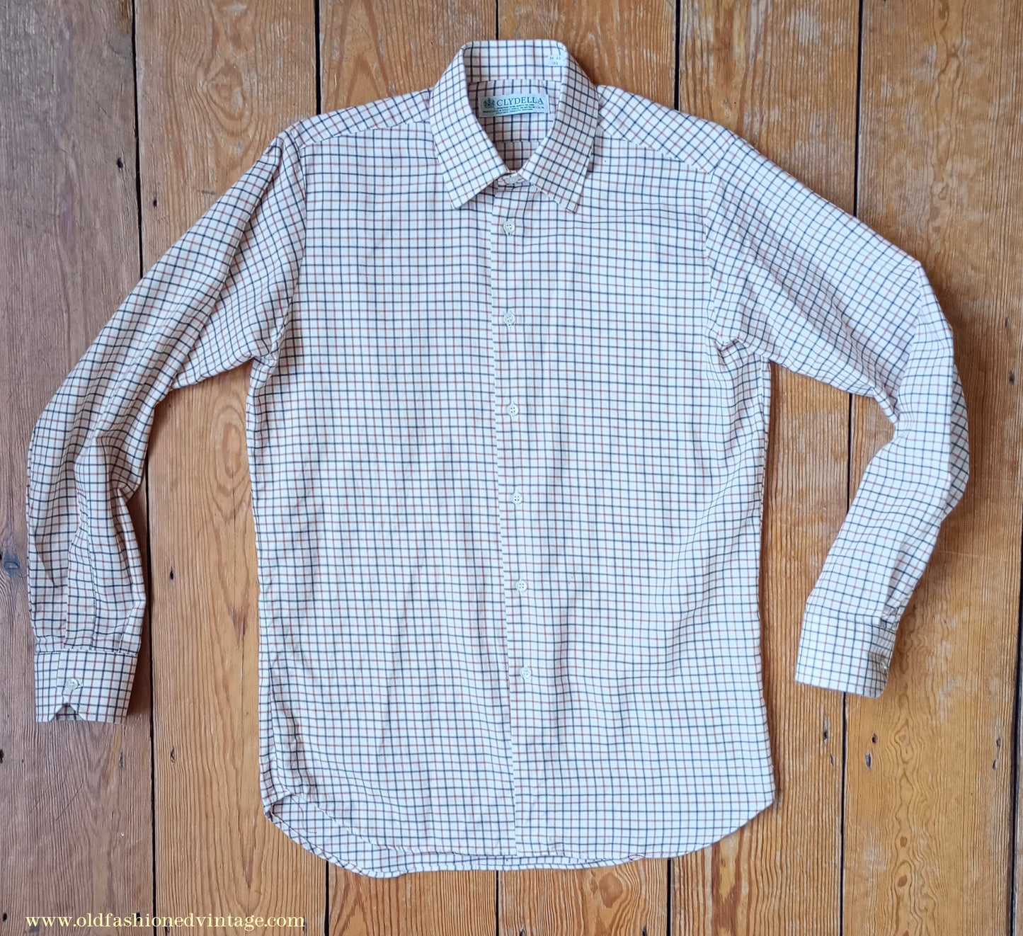 Vintage Mens 1980s Clydella Shirt Cream Brown Tattersall Check Country Sports Unworn 15 1/2"