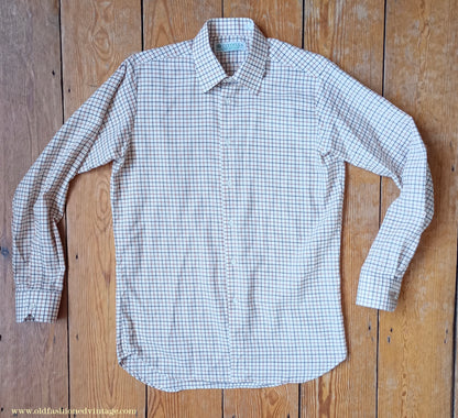 Vintage Mens 1980s Clydella Shirt Cream Brown Tattersall Check Country Sports Unworn 15 1/2"