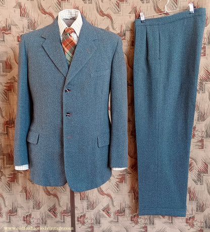Vintage Mens 1950s 1960 Burtons Tweed 3 Piece Suit Teal Brown Speckled Fleck Thornproof Wool 40"