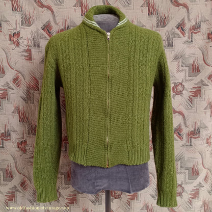 Vintage Mens 1950s Knitted Lumberjacket Zip Up Cardigan Sweater Olive Green Wool S/M