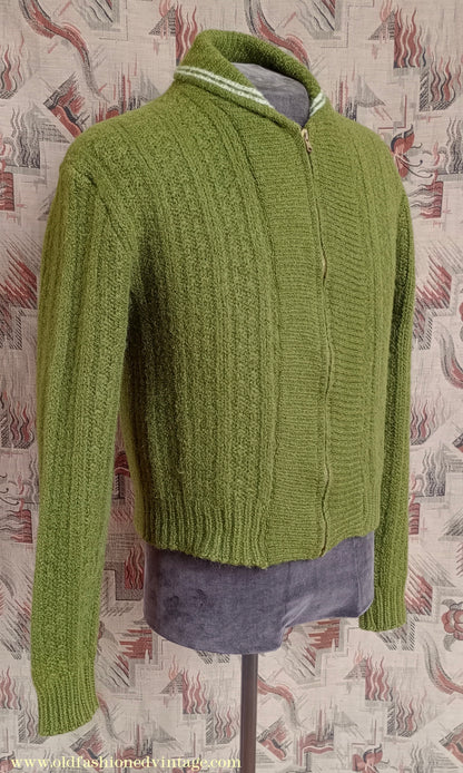 Vintage Mens 1950s Knitted Lumberjacket Zip Up Cardigan Sweater Olive Green Wool S/M