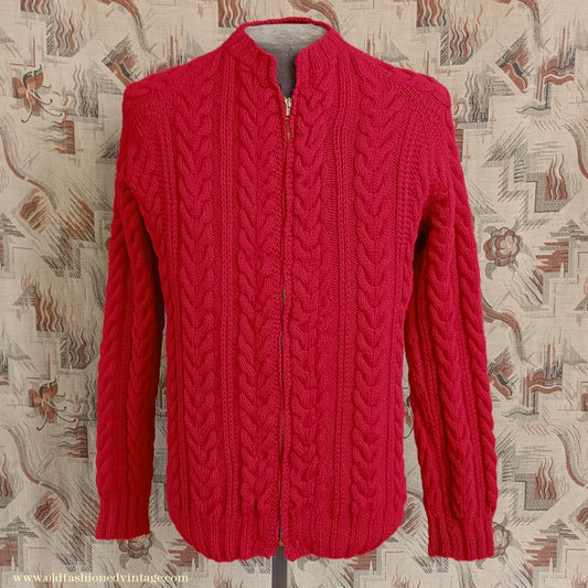 Vintage Mens 1950s Hand Knitted Lumberjacket Zip Up Cardigan Sweater Cable Stitch Red UK M