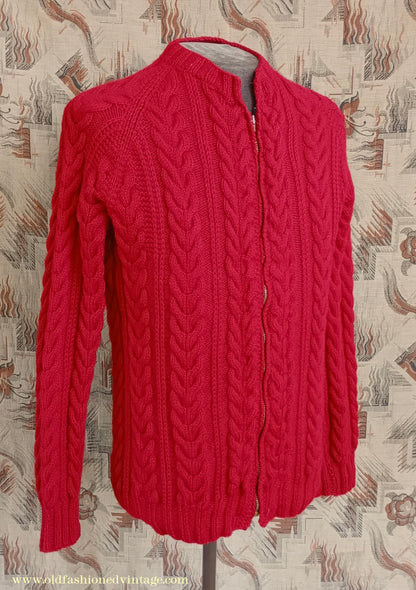 Vintage Mens 1950s Hand Knitted Lumberjacket Zip Up Cardigan Sweater Cable Stitch Red UK M