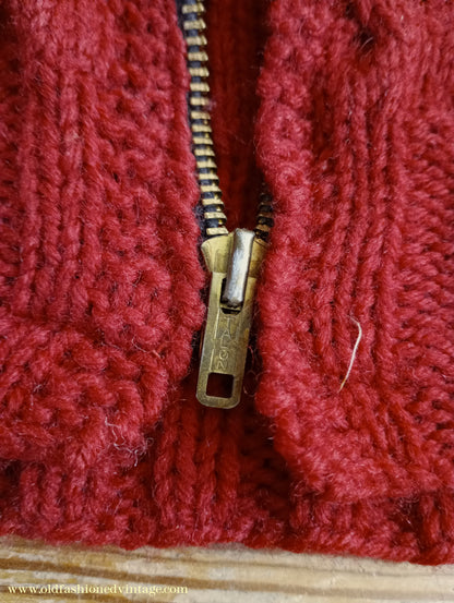 Vintage Mens 1950s Hand Knitted Lumberjacket Zip Up Cardigan Sweater Cable Stitch Red UK M