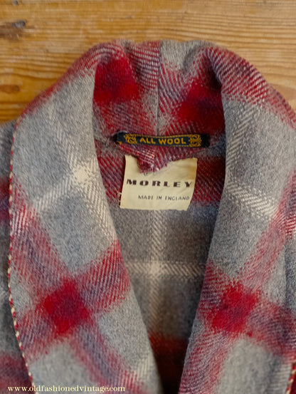 Vintage Mens 1950s Morley Wool Dressing Gown Robe Grey Brown Red White Bold Check Plaid UK M