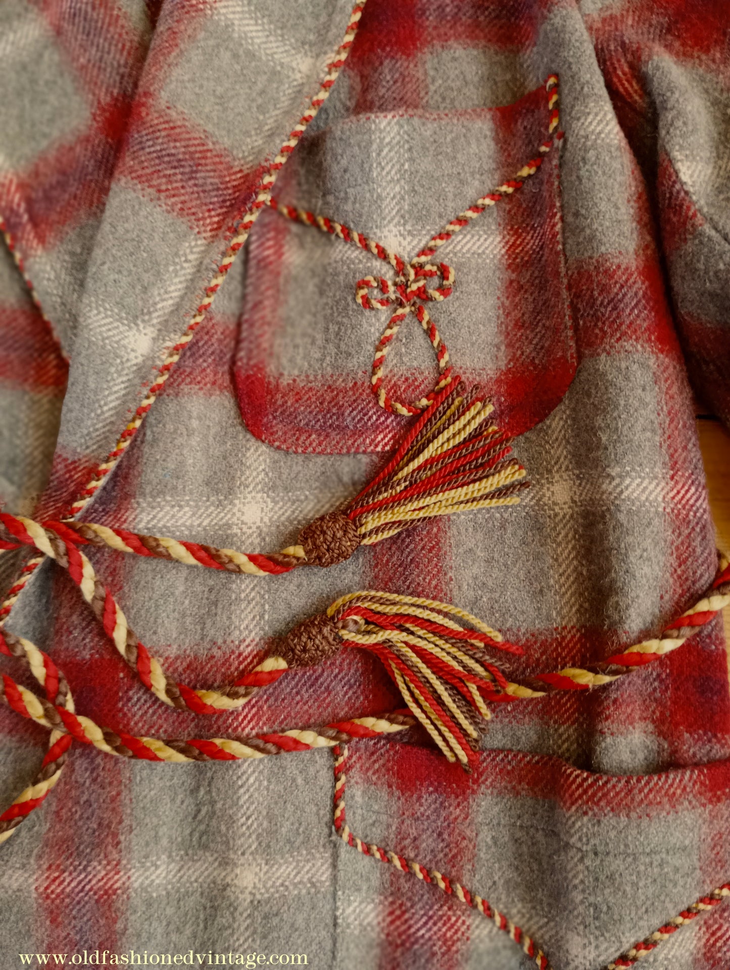 Vintage Mens 1950s Morley Wool Dressing Gown Robe Grey Brown Red White Bold Check Plaid UK M