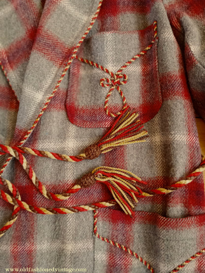 Vintage Mens 1950s Morley Wool Dressing Gown Robe Grey Brown Red White Bold Check Plaid UK M
