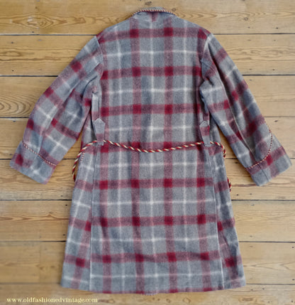 Vintage Mens 1950s Morley Wool Dressing Gown Robe Grey Brown Red White Bold Check Plaid UK M