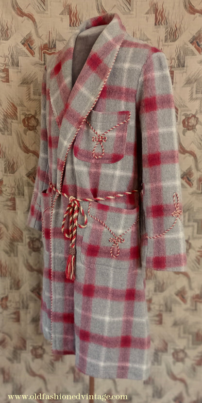 Vintage Mens 1950s Morley Wool Dressing Gown Robe Grey Brown Red White Bold Check Plaid UK M