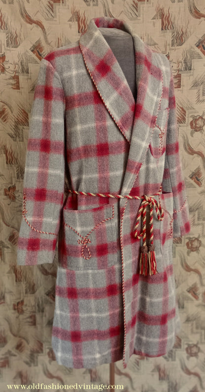 Vintage Mens 1950s Morley Wool Dressing Gown Robe Grey Brown Red White Bold Check Plaid UK M