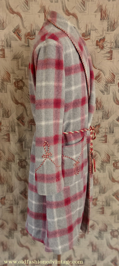 Vintage Mens 1950s Morley Wool Dressing Gown Robe Grey Brown Red White Bold Check Plaid UK M
