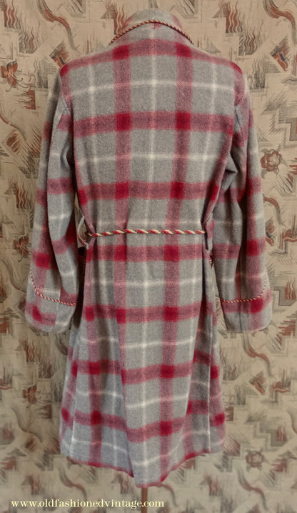 Vintage Mens 1950s Morley Wool Dressing Gown Robe Grey Brown Red White Bold Check Plaid UK M