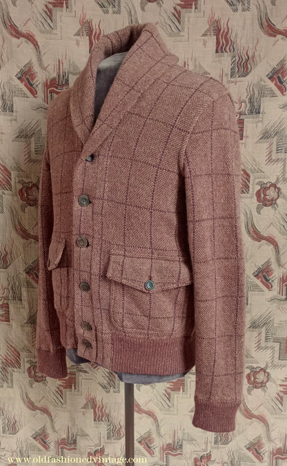Mens Polo Ralph Lauren Shawl Collar Cardigan Sweater Jacket Brown Windowpane Check 1930s Vintage Style M