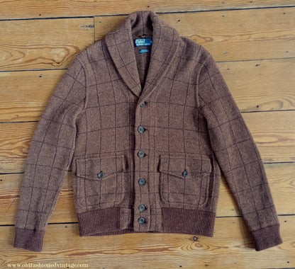 Mens Polo Ralph Lauren Shawl Collar Cardigan Sweater Jacket Brown Windowpane Check 1930s Vintage Style M