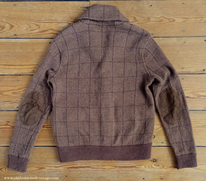 Mens Polo Ralph Lauren Shawl Collar Cardigan Sweater Jacket Brown Windowpane Check 1930s Vintage Style M