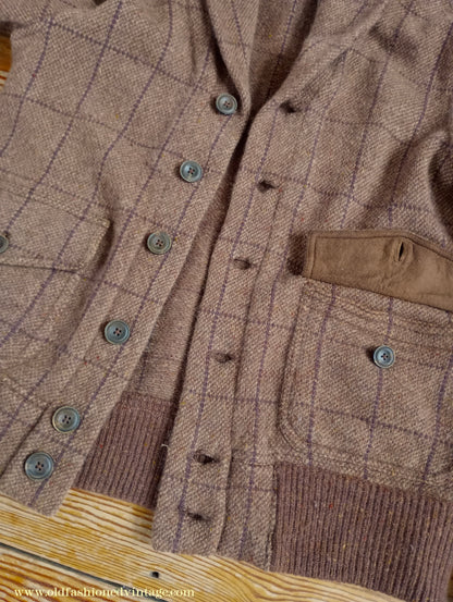 Mens Polo Ralph Lauren Shawl Collar Cardigan Sweater Jacket Brown Windowpane Check 1930s Vintage Style M