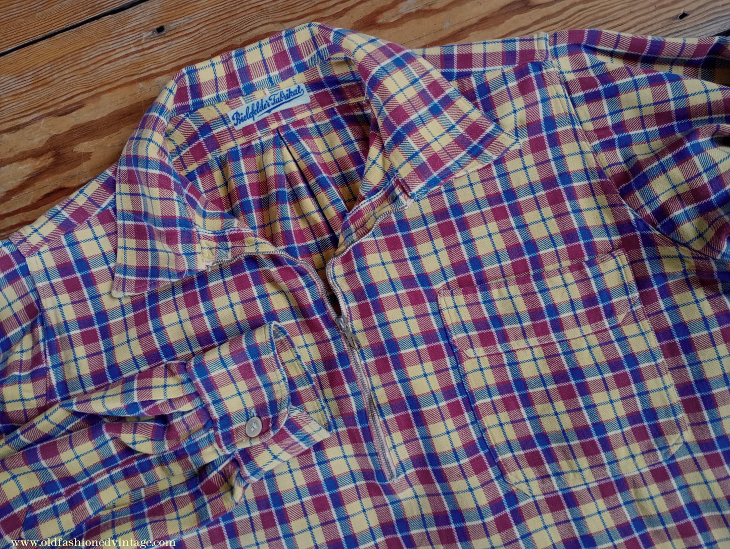 Vintage Mens 1930s 1940s German Zip Fastened Pullover Shirt Checked Cotton Flannel Overhead Tunic S