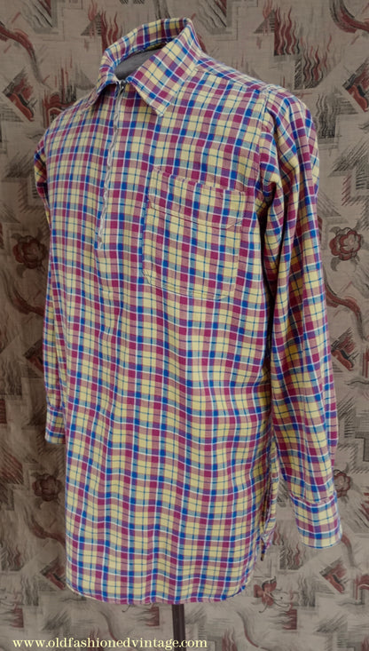 Vintage Mens 1930s 1940s German Zip Fastened Pullover Shirt Checked Cotton Flannel Overhead Tunic S