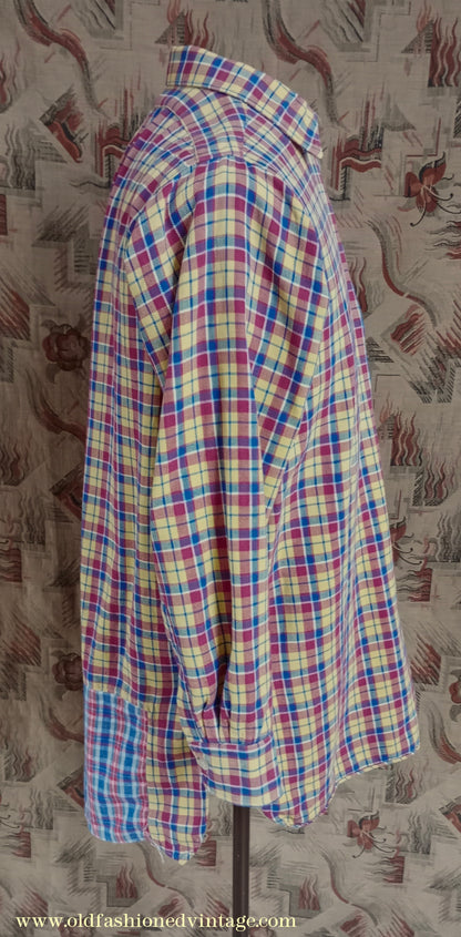 Vintage Mens 1930s 1940s German Zip Fastened Pullover Shirt Checked Cotton Flannel Overhead Tunic S