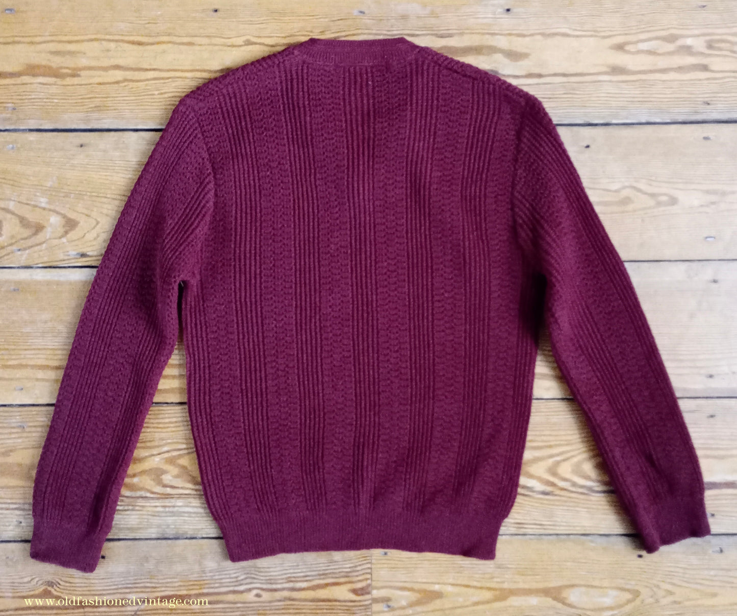 Vintage Mens 1960s Unworn V Neck Pullover Sweater Claret Red Fancy Rib Stitch S