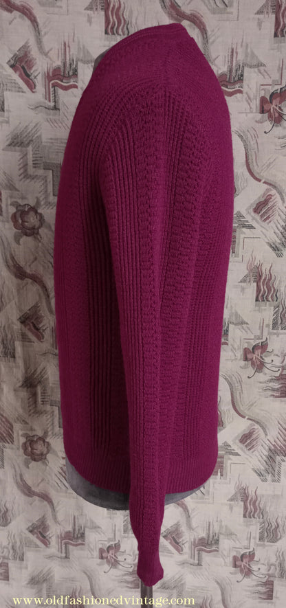Vintage Mens 1960s Unworn V Neck Pullover Sweater Claret Red Fancy Rib Stitch S