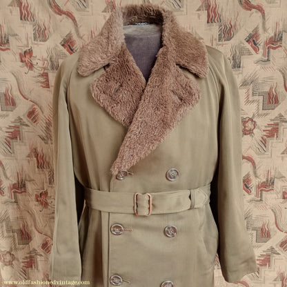 Vintage 1940s Mens Storm Coat Double Breasted Raglan Overcoat Alpaca Pile Teddy Bear Faux Fur Collar & Lining Small