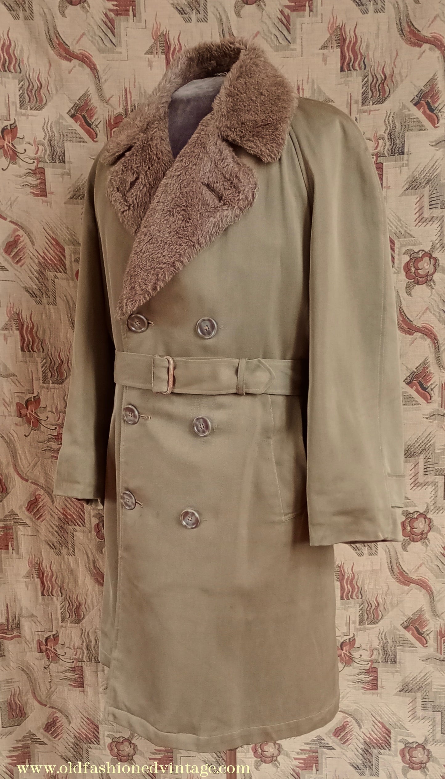 Vintage 1940s Mens Storm Coat Double Breasted Raglan Overcoat Alpaca Pile Teddy Bear Faux Fur Collar & Lining Small