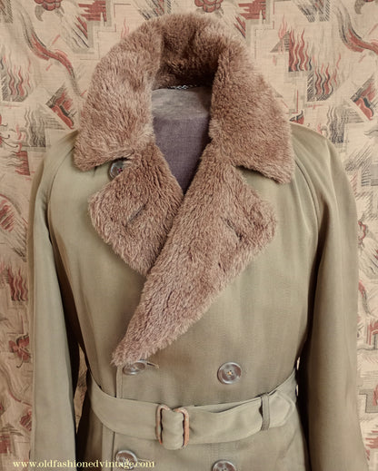 Vintage 1940s Mens Storm Coat Double Breasted Raglan Overcoat Alpaca Pile Teddy Bear Faux Fur Collar & Lining Small